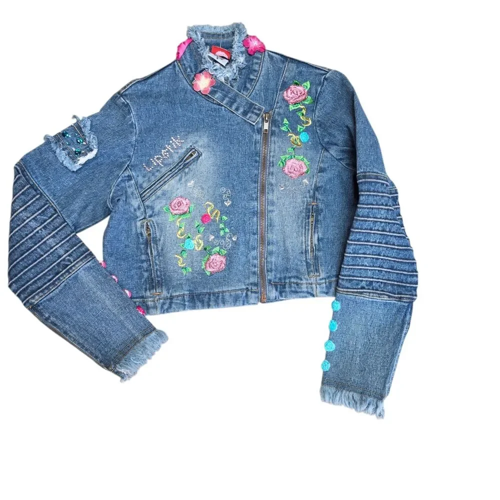 Lipstik Jeans & Denim Moto Jacket Set Size 5 Light Wash Floral Boutique Samples